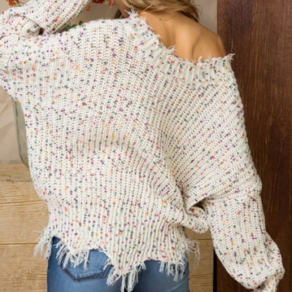 Confetti Frayed Long Sleeve V Neck Sweater - Picture 3 of 4